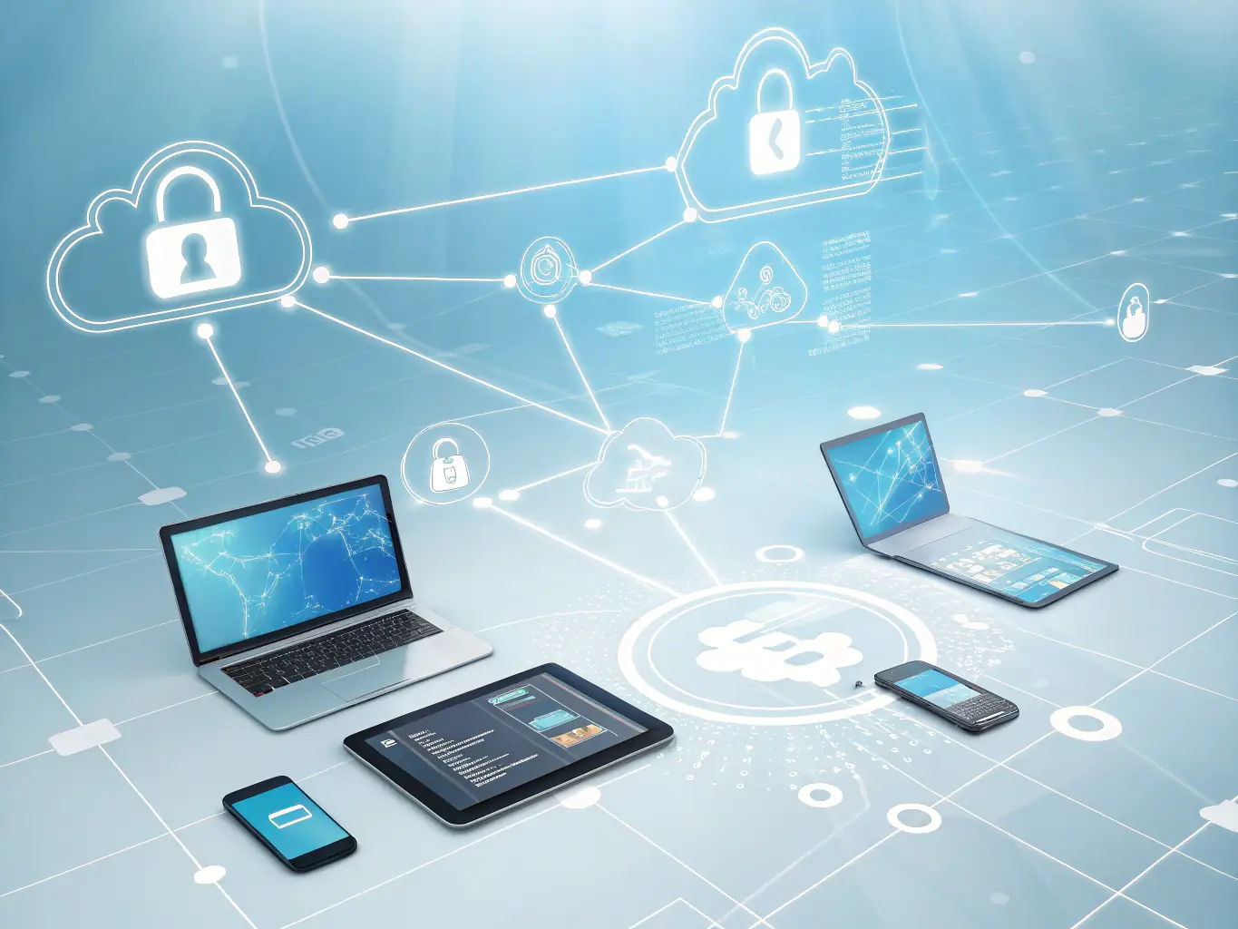A visual of cloud servers with secure data flow icons and a team monitoring cloud infrastructure, illustrating Cybexis's cloud solutions implementation.