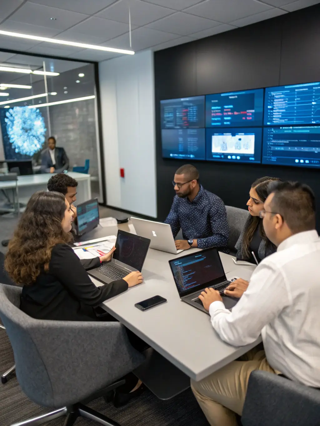 A diverse team of IT consultants brainstorming and developing innovative solutions, emphasizing the collaborative and expert approach of Cybexis.
