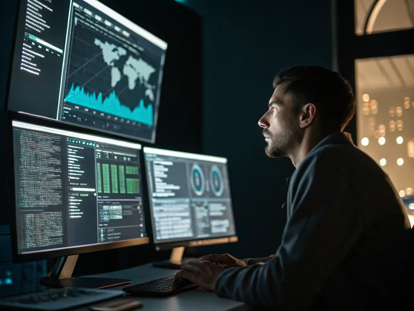 A cybersecurity expert analyzing network traffic on a computer screen, highlighting threat detection and data protection.